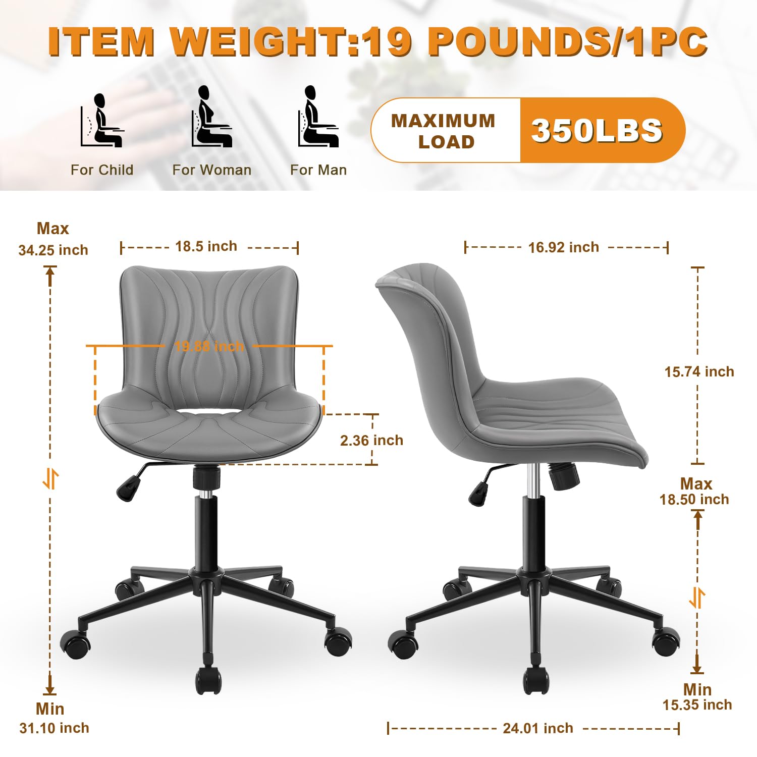 Leather Desk Pad - Tekerlekli, Ayarlanabilir, Kolsuz Ergonomik Masa Sandalyesi
